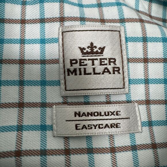 Peter Millar Shirt Medium Teal Brown Plaid Button Down Nanoluxe Easycare - Picture 5 of 8